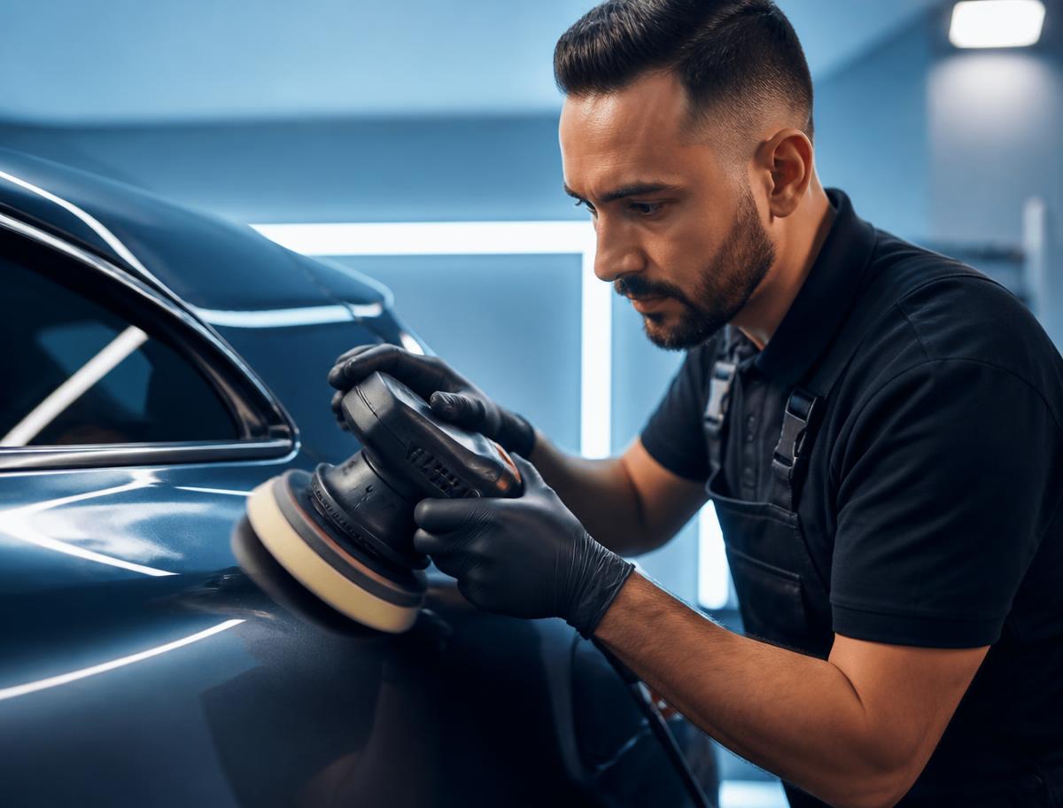 Detailer machine polishing a car body panel in the studio